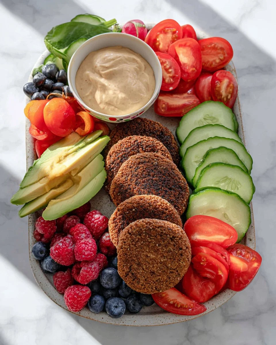 Vegan breakfast sausage patties served on a plate with fresh veggies