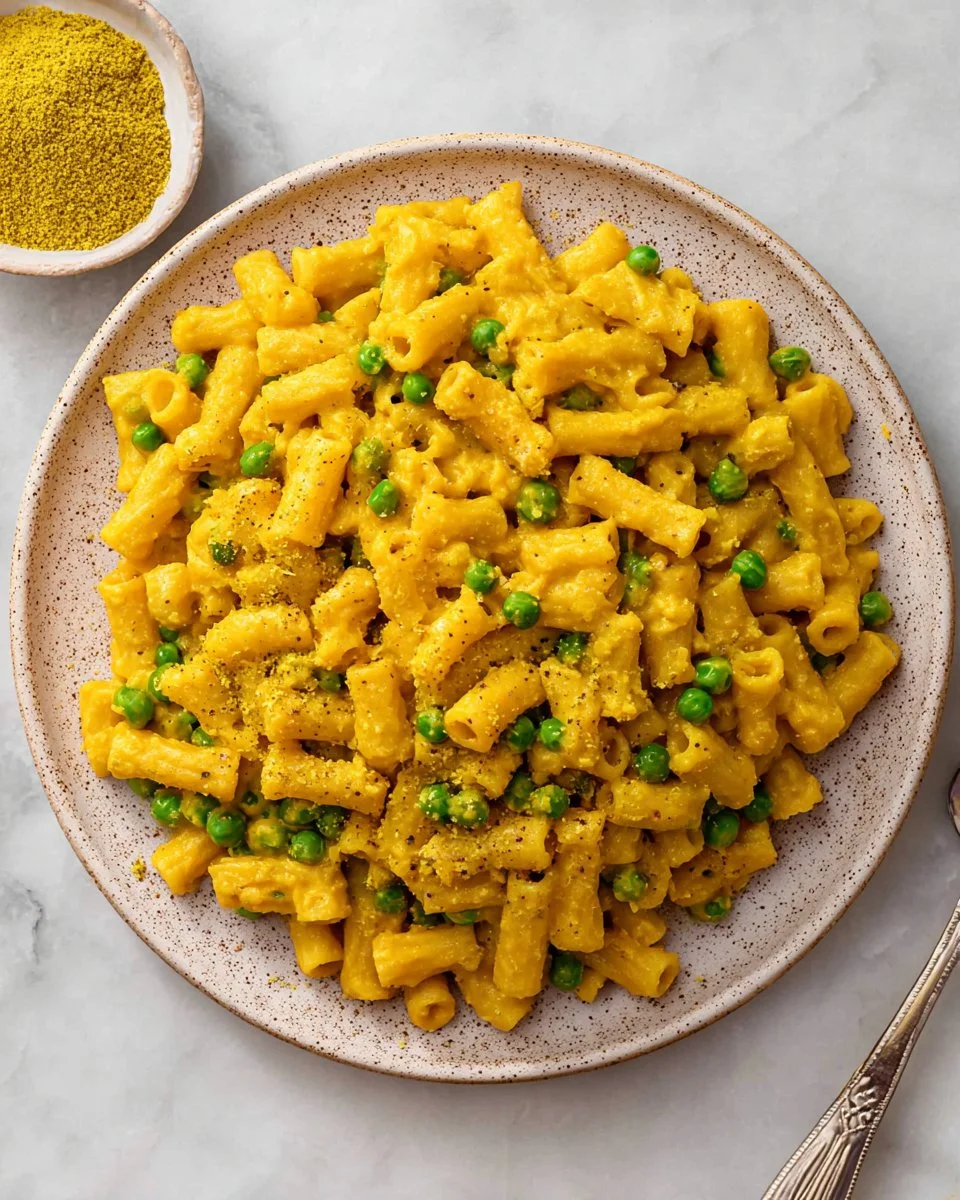 Bowl of creamy vegan carrot mac and cheese with a sprinkle of herbs