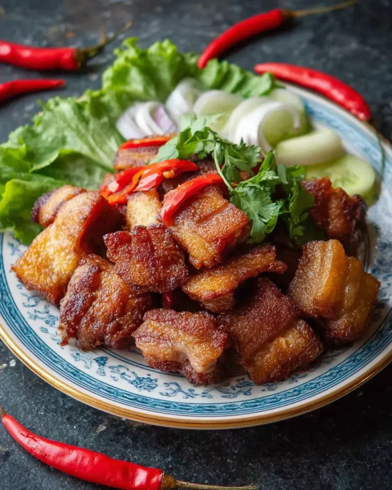 Delicious plate of crispy pork belly Thai-style garnished with fresh herbs