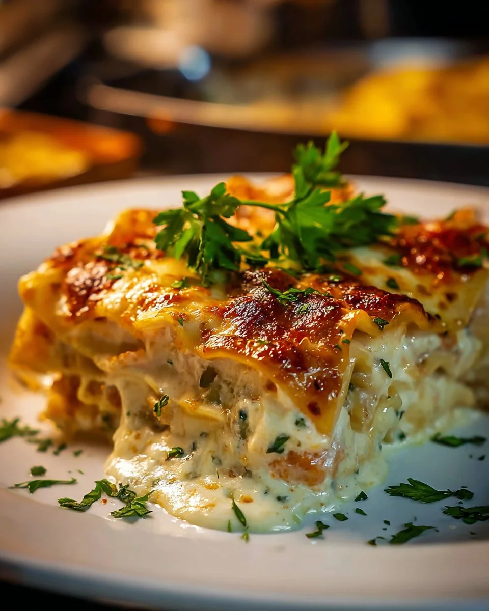 Delicious homemade Alfredo Chicken Lasagna with creamy sauce and chicken layers
