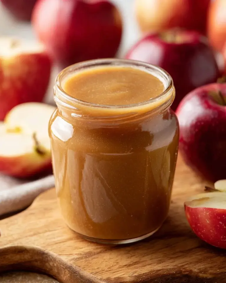Jar of homemade apple cider caramel sauce drizzled on a dessert
