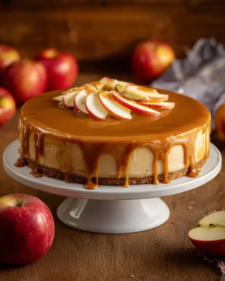 Slice of homemade Apple Cider Cheesecake topped with caramel and apples