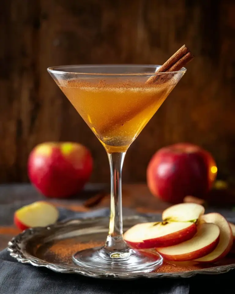 Apple Cider Martini in a glass garnished with apple slices and cinnamon sticks.