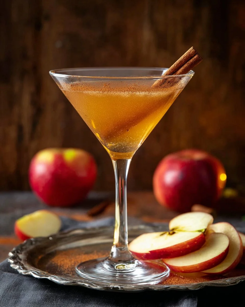 Apple Cider Martini in a glass garnished with apple slices and cinnamon sticks.