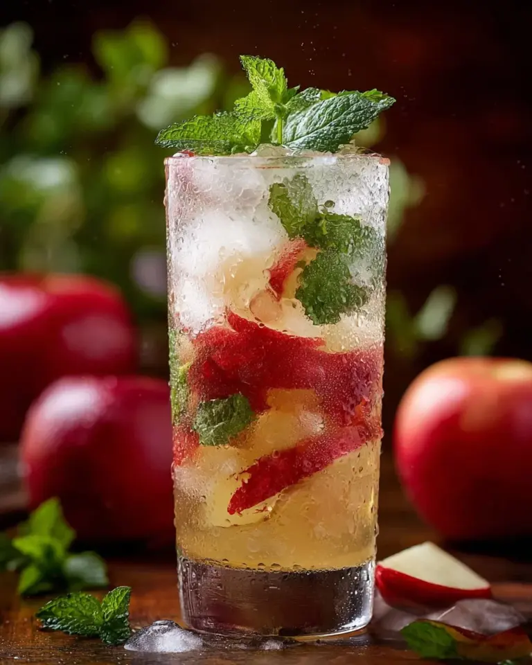Glass of Apple Cider Mojito garnished with mint and apple slices.