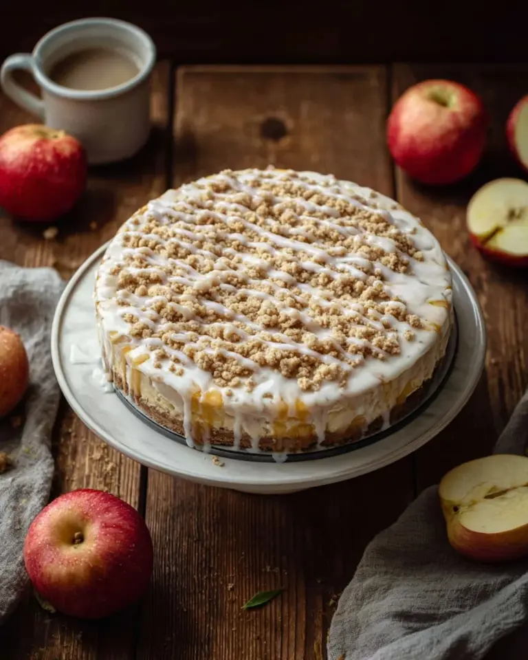Delicious apple crumble cheesecake with a creamy filling and crispy apple topping.