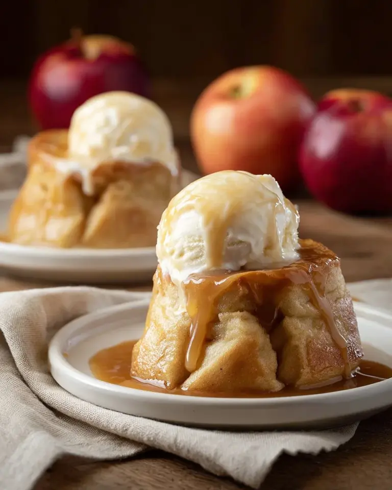 Delicious homemade apple dumplings served with cinnamon sauce