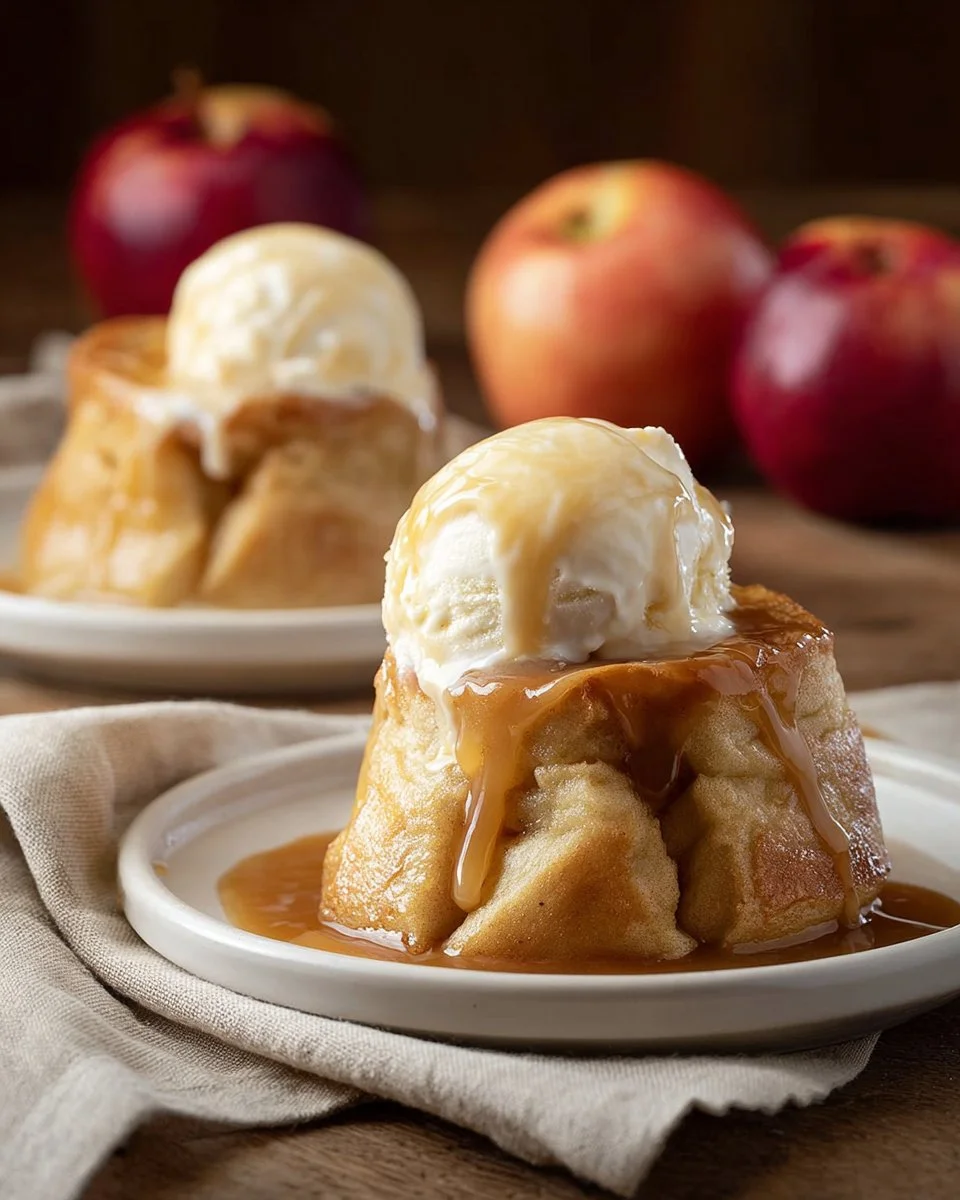 Delicious homemade apple dumplings served with cinnamon sauce