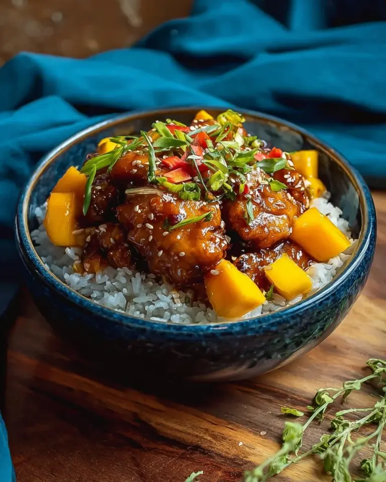 Plate of succulent Asian Mango Chicken garnished with fresh herbs