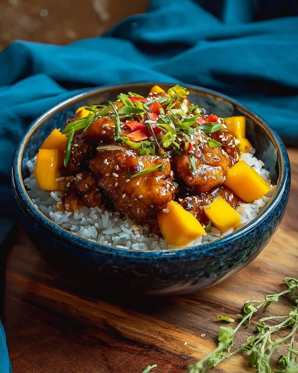 Plate of succulent Asian Mango Chicken garnished with fresh herbs