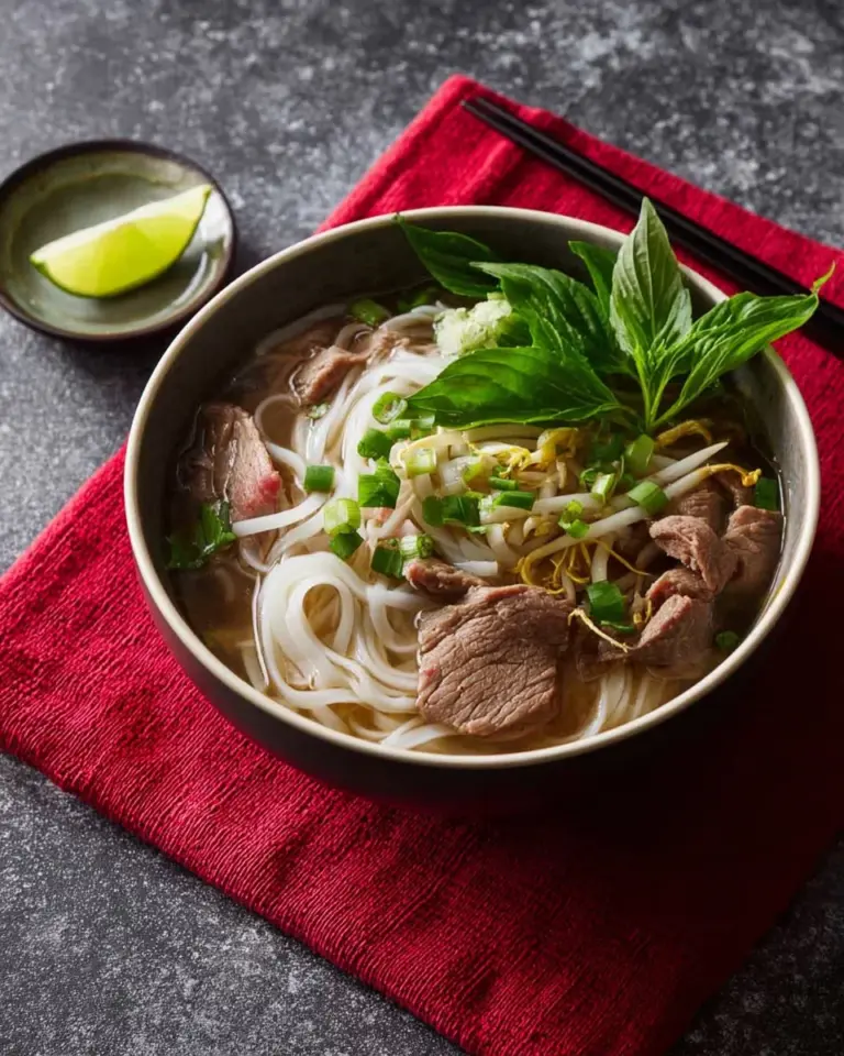 A bowl of Aunty's Signature Beef Pho with fresh herbs and spices