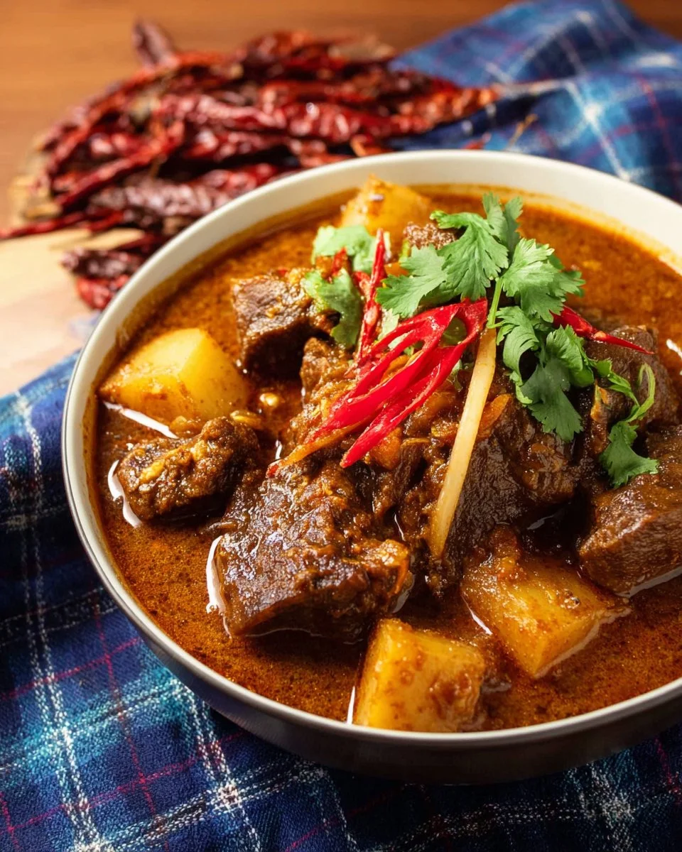 Authentic Thai Beef Massaman Curry served in a bowl with fresh herbs.