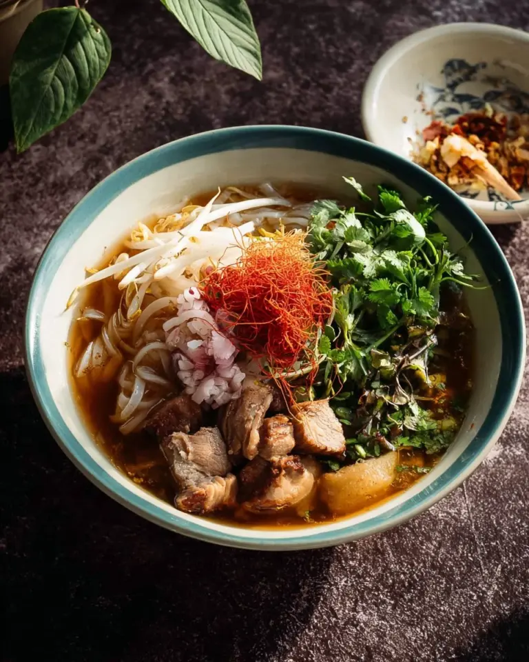 Bowl of authentic Thai Boat Noodles with herbs and spices