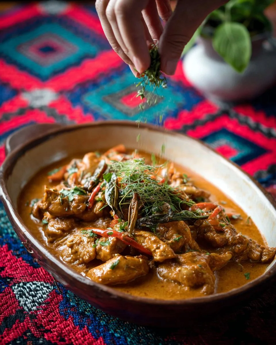 Bowl of Authentic Thai Panang Curry with colorful vegetables and herbs