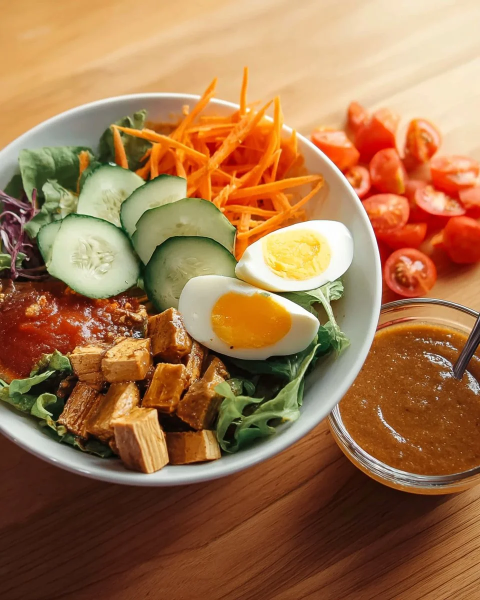 Bowl of authentic Thai Peanut Dressing served with grilled salad