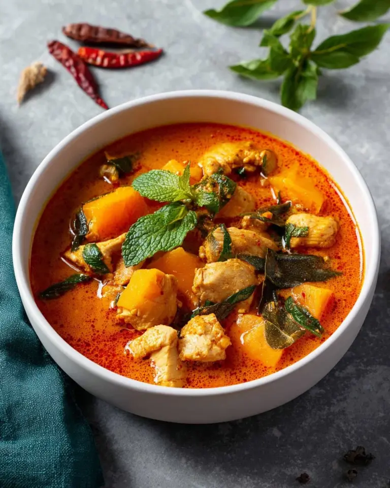 Bowl of authentic Thai Red Curry with Chicken garnished with fresh basil