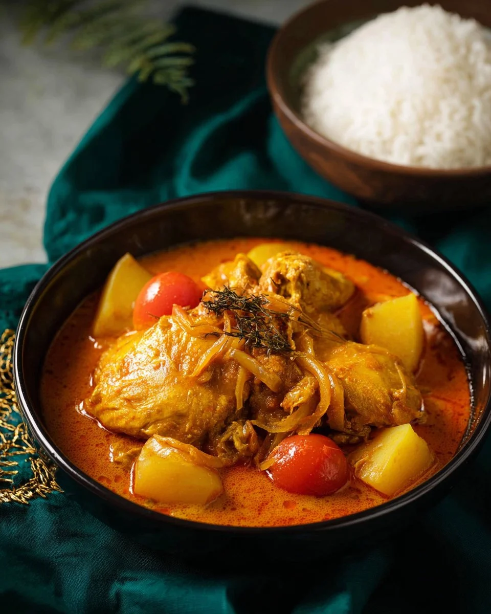 Bowl of authentic Thai yellow curry with chicken and potatoes