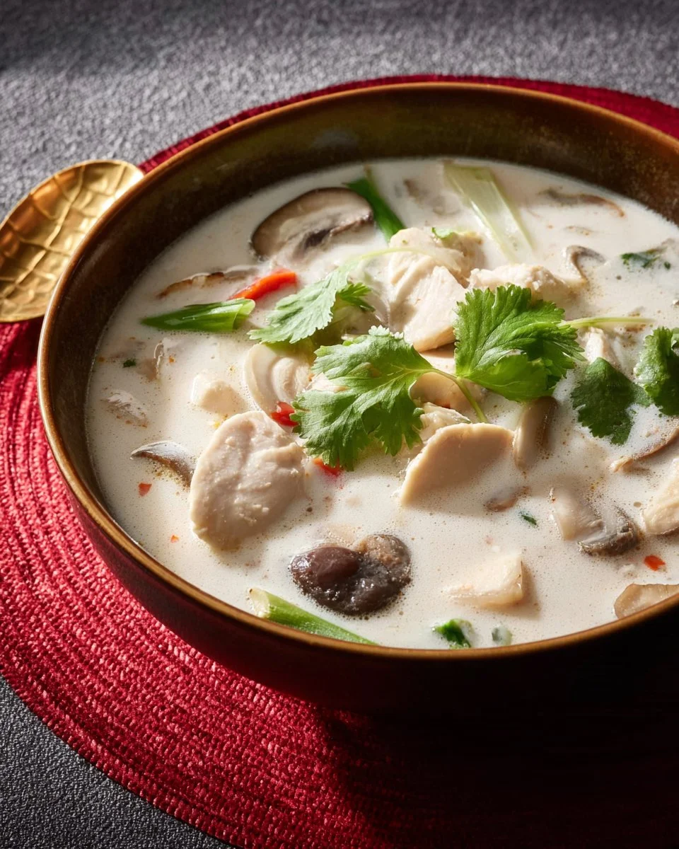 Bowl of authentic Tom Kha Gai, Thai coconut chicken soup garnished with herbs.