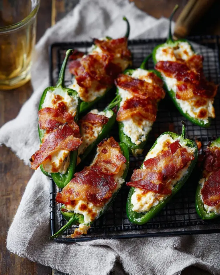 Delicious bacon jalapeno poppers with cheese, wrapped in crispy bacon