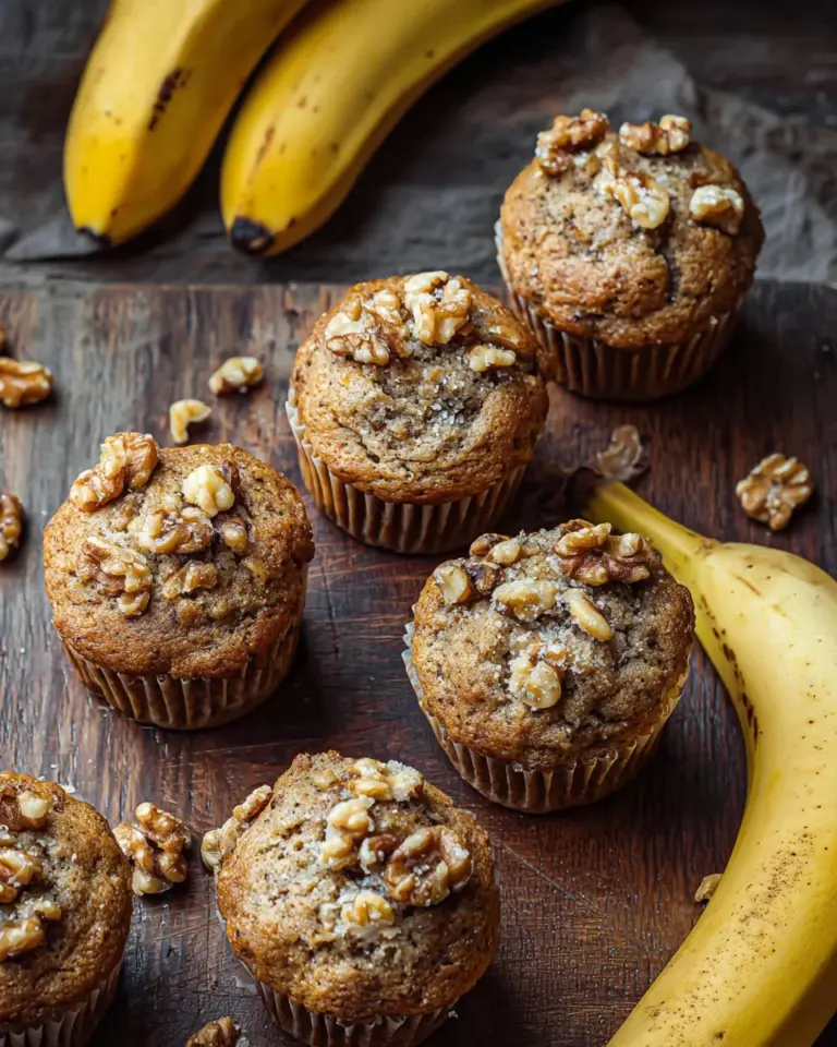Freshly baked banana nut muffins on a rustic wooden table