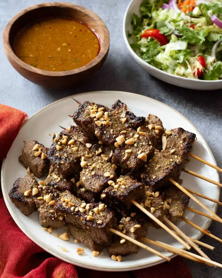 Delicious beef satay skewers served with Thai peanut sauce