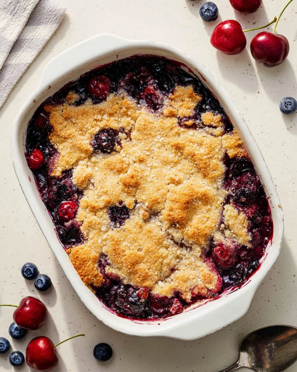 Delicious Berry Dump Cake with mixed berries and cake topping.