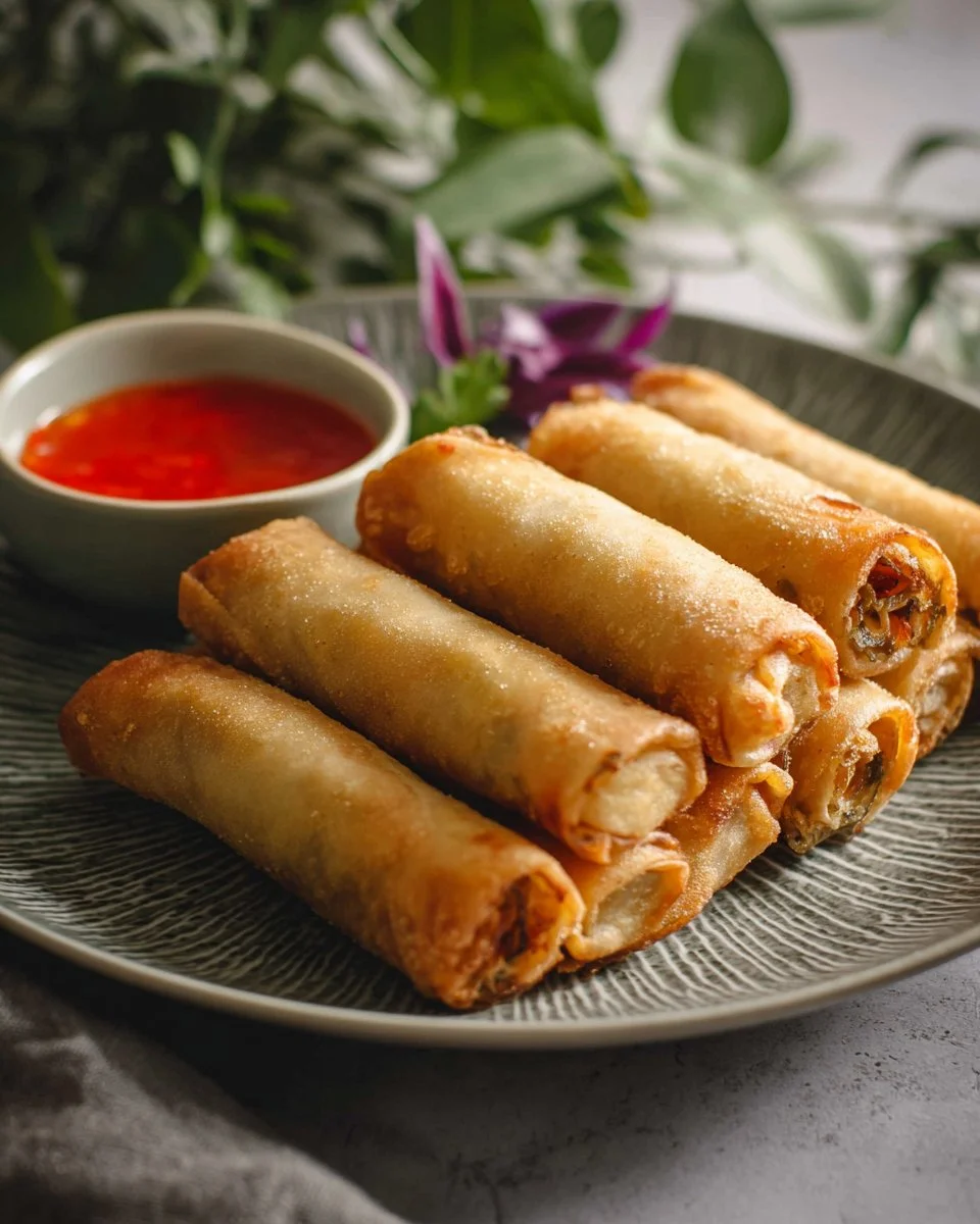 Delicious crispy Thai spring rolls served with dipping sauce