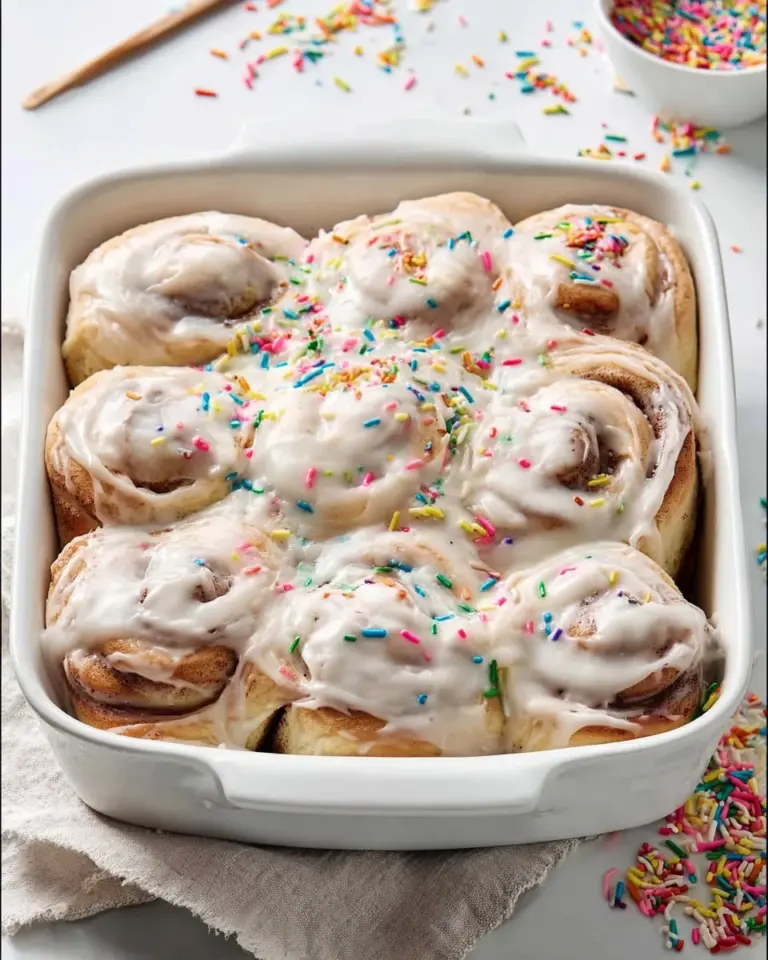 A delicious plate of birthday cake cinnamon rolls topped with colorful sprinkles.