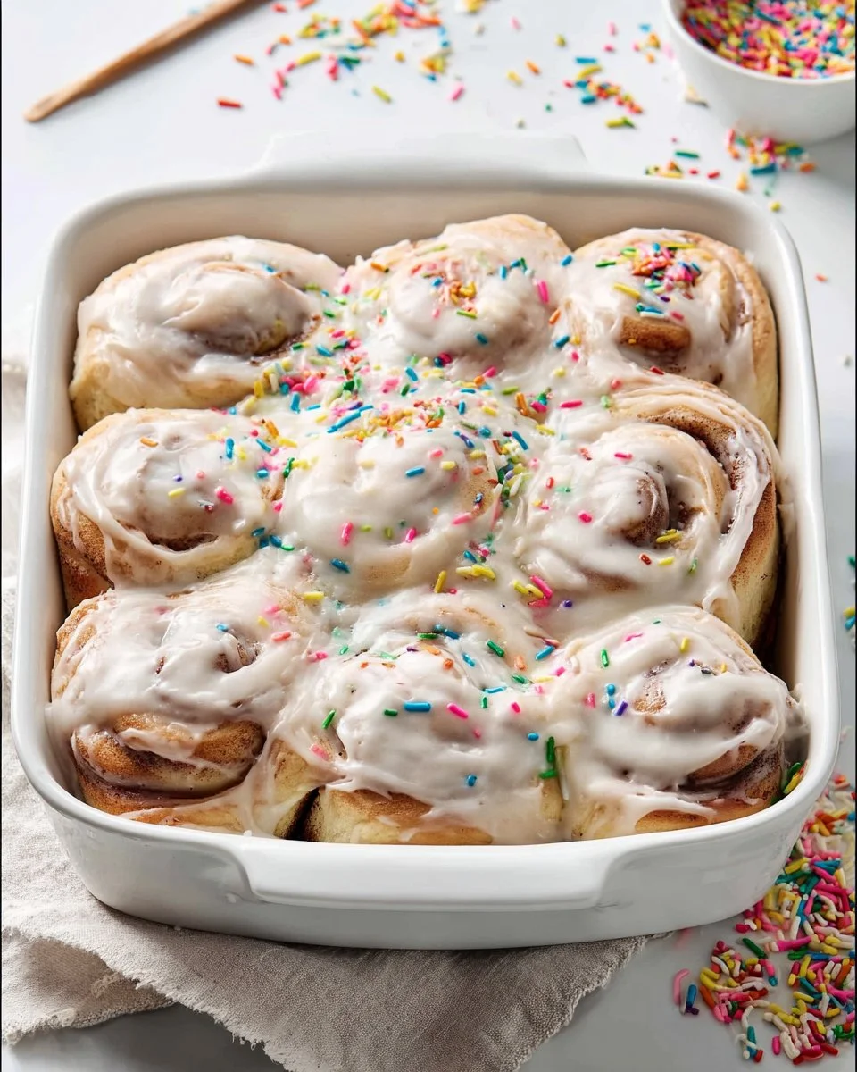 A delicious plate of birthday cake cinnamon rolls topped with colorful sprinkles.