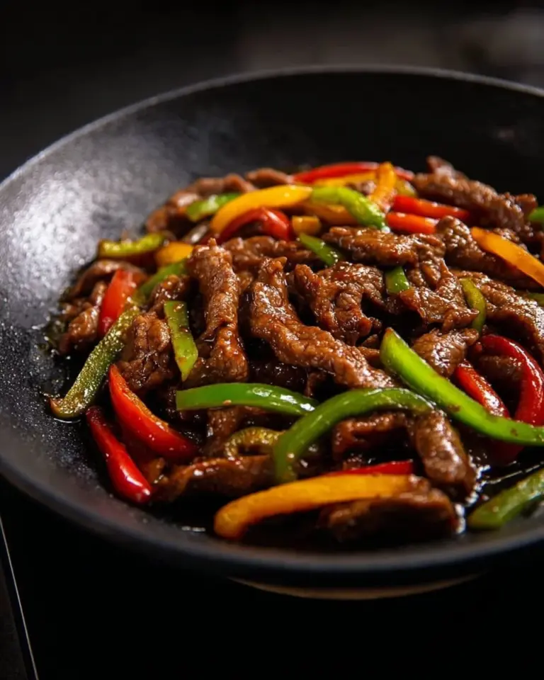 Delicious serving of black pepper beef with colorful vegetables on a plate