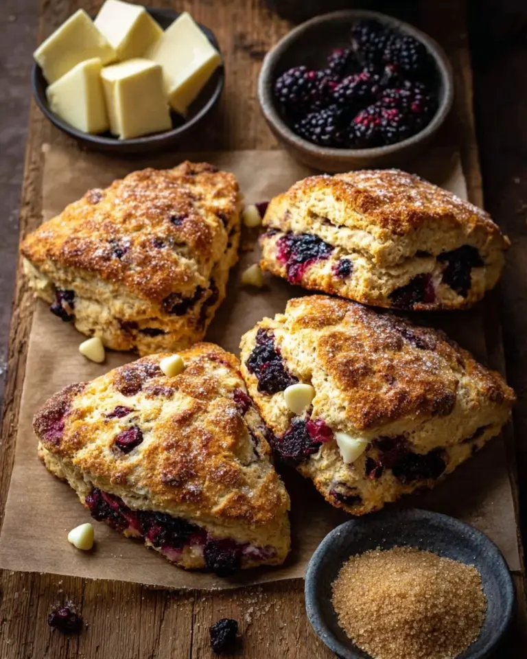 Freshly baked blackberry white chocolate scones on a cooling rack