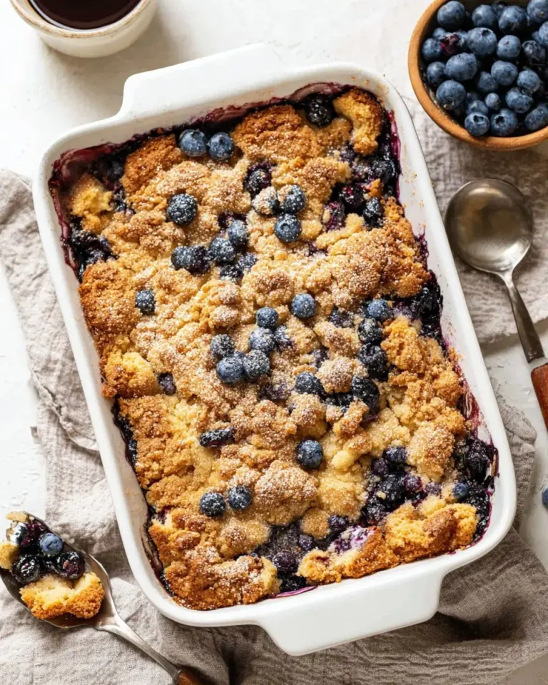 Blueberry Brioche French Toast Casserole topped with fresh blueberries and syrup