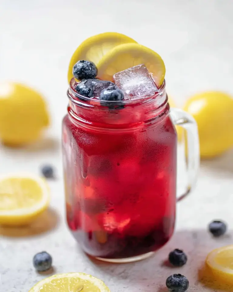 A refreshing glass of blueberry lemonade garnished with fresh blueberries and mint.