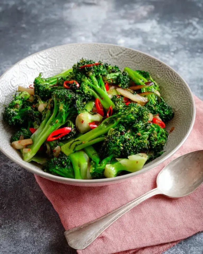 Broccoli stir fry with salted mackerel served in a colorful bowl
