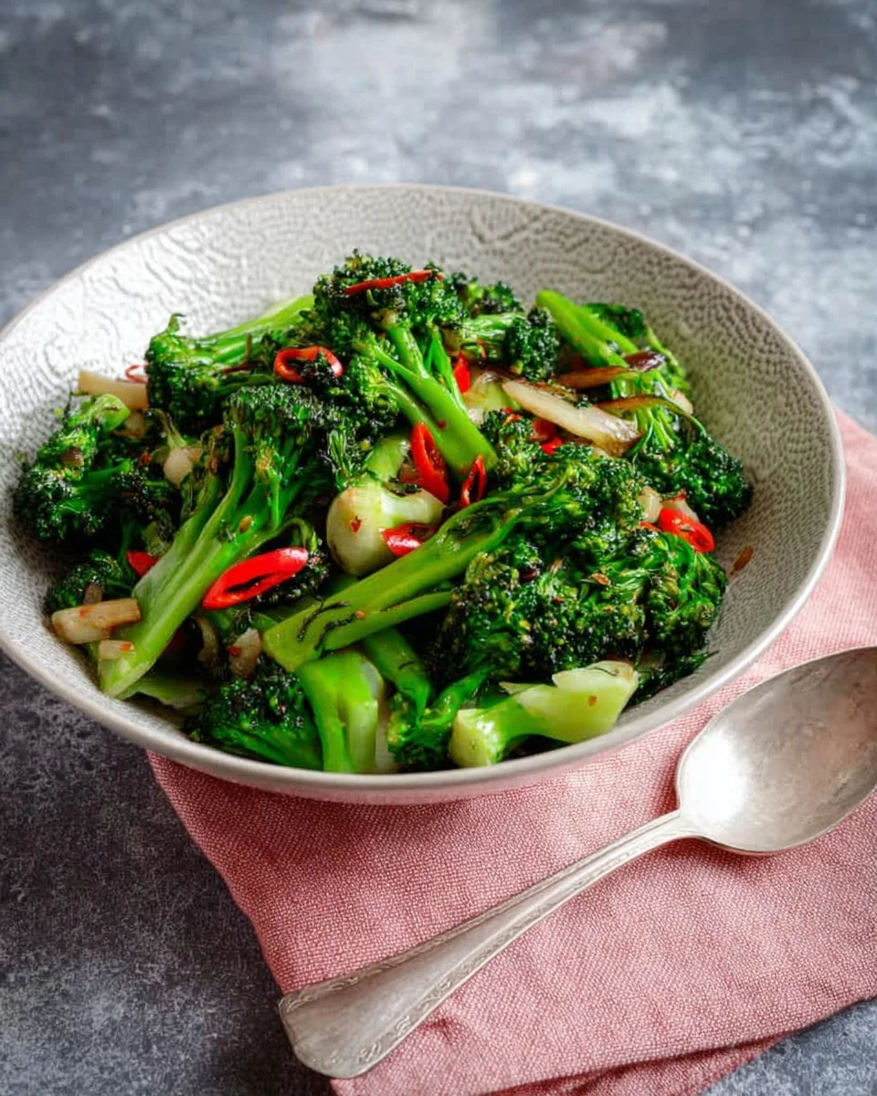 Broccoli stir fry with salted mackerel served in a colorful bowl
