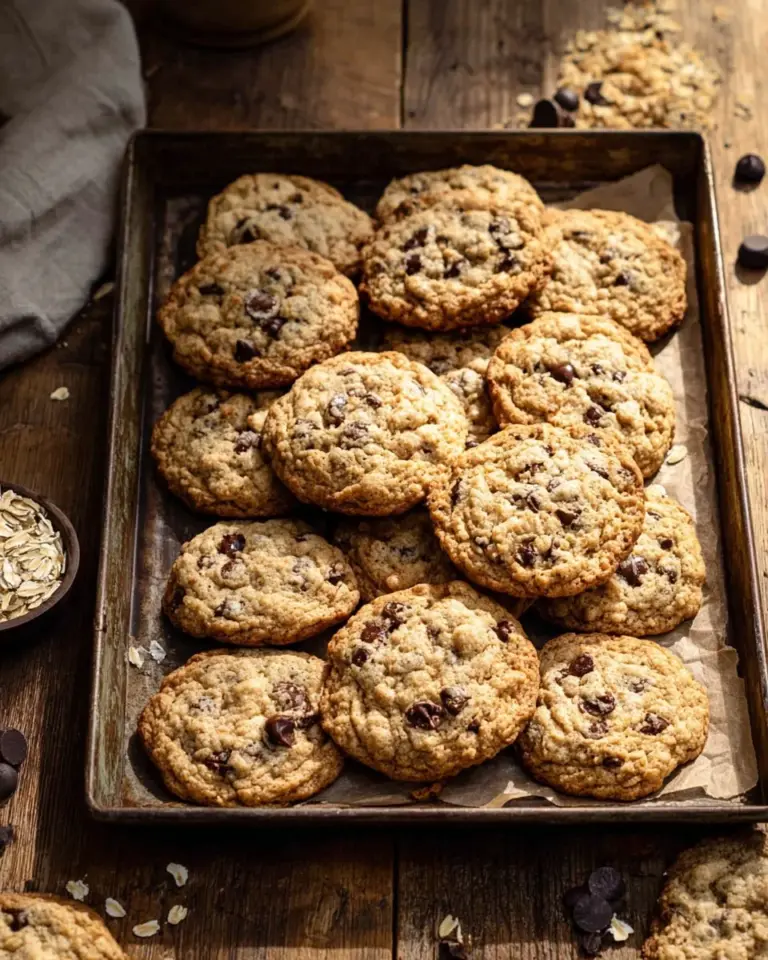 Brown butter oatmeal chocolate chip cookies on a plate, freshly baked and delicious.