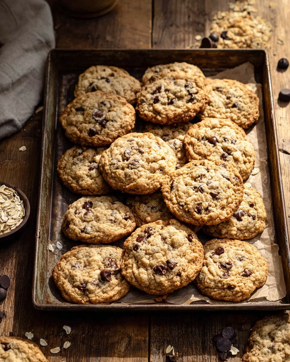 Brown butter oatmeal chocolate chip cookies on a plate, freshly baked and delicious.