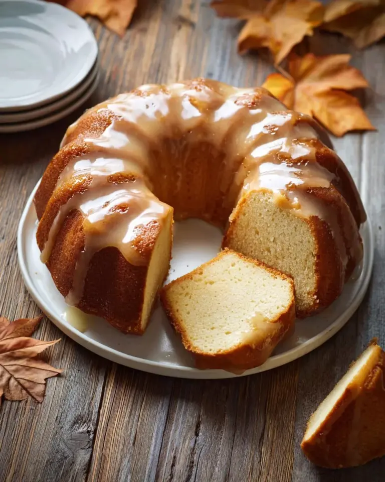 Slice of brown sugar maple pound cake topped with maple glaze on a wooden plate.
