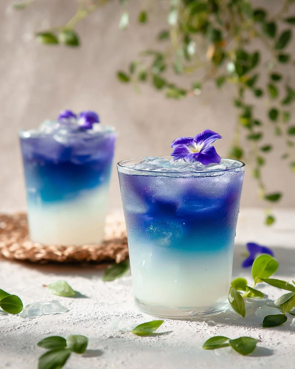 A glass of Butterfly Pea Milk with flowers and a refreshing color