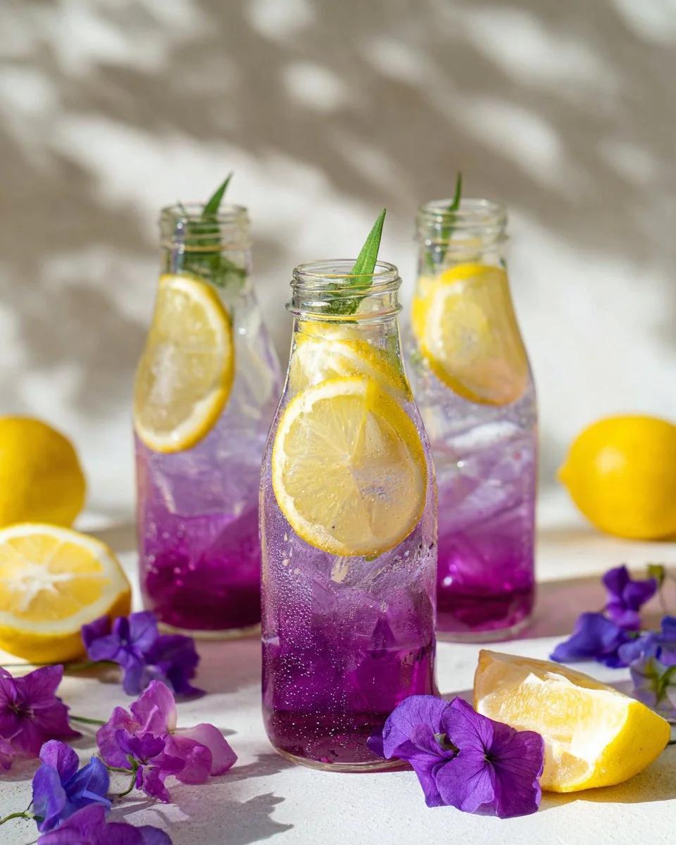 Glass of butterfly pea tea lemonade with lemon slices and ice