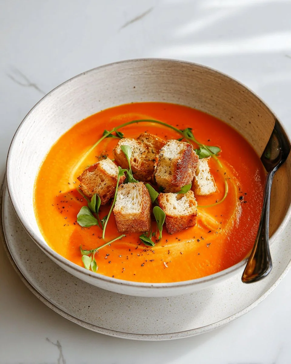 Bowl of butternut squash and tomato soup garnished with herbs