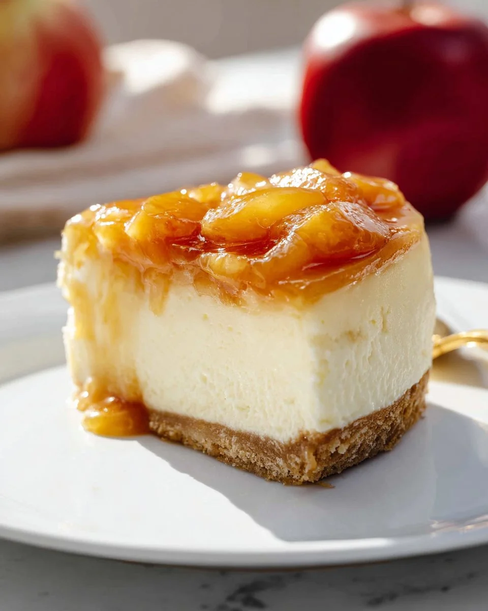 Delicious caramel apple cheesecake topped with caramel drizzle and apple slices
