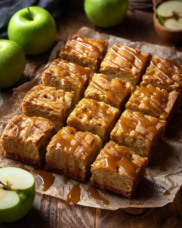 Delicious caramel apple snack cake topped with caramel drizzle and apple slices