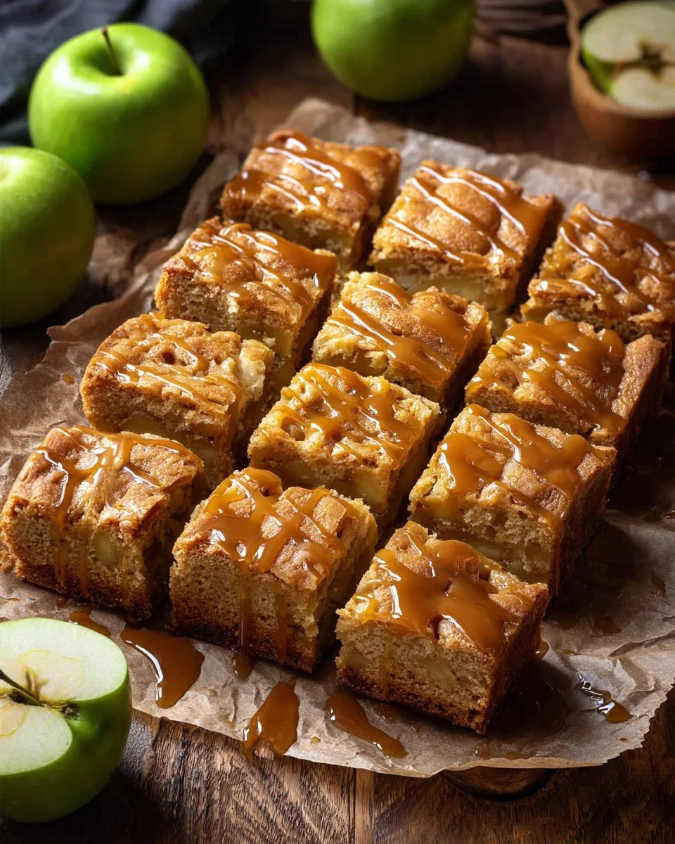 Delicious caramel apple snack cake topped with caramel drizzle and apple slices