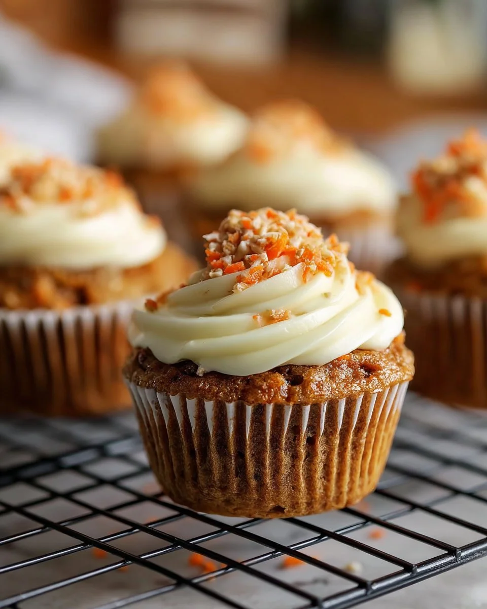 Freshly baked carrot cake muffins with cream cheese frosting