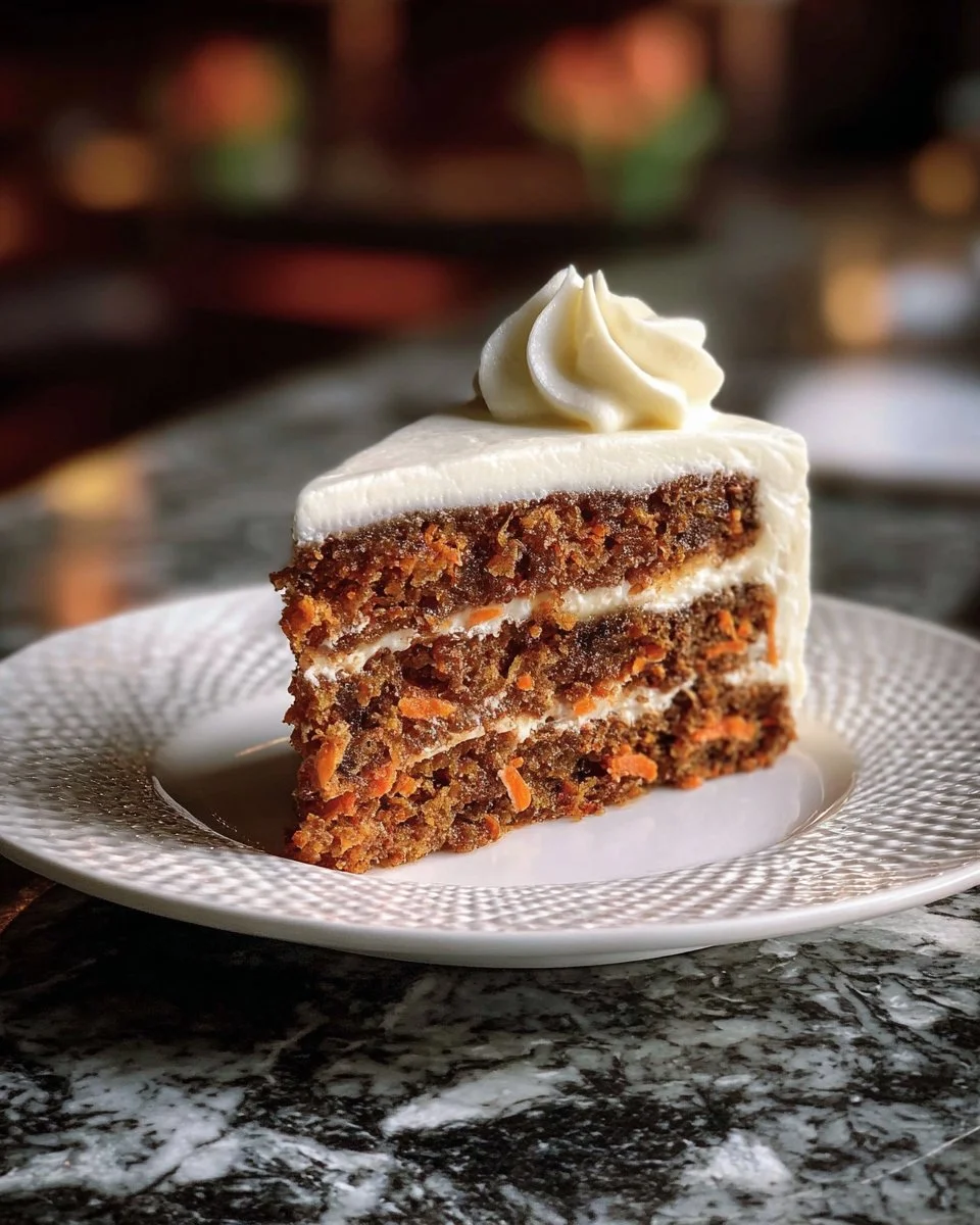 Delicious carrot cake with cream cheese frosting on a wooden table