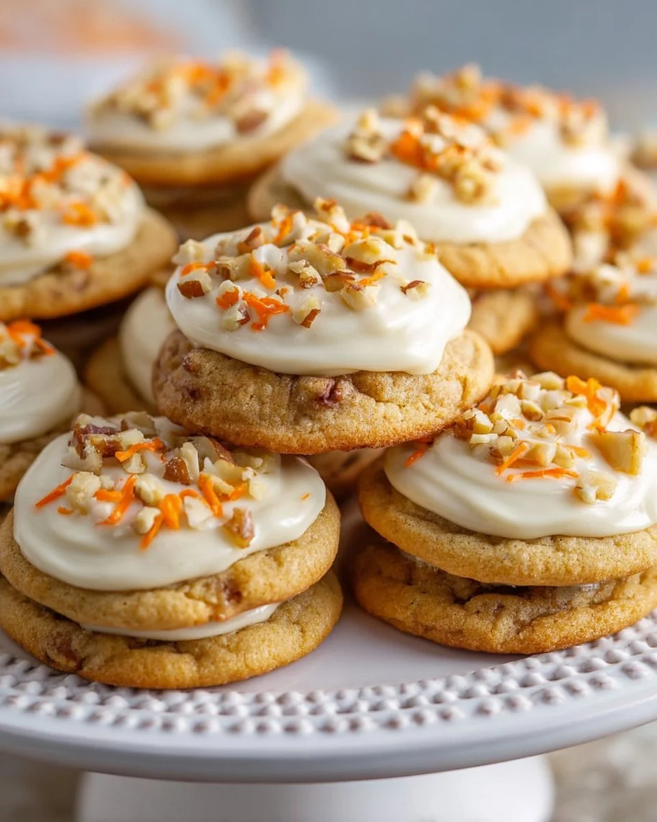 Delicious carrot cookies topped with creamy cream cheese frosting on a plate