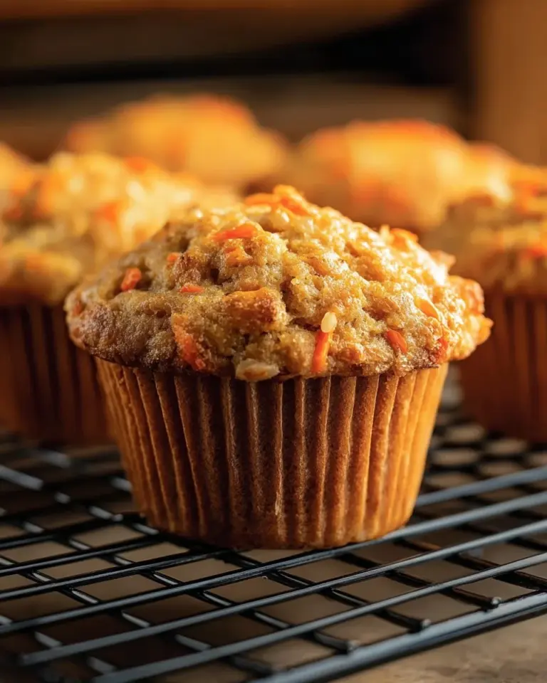 Freshly baked carrot muffins topped with nuts and served on a wooden table.