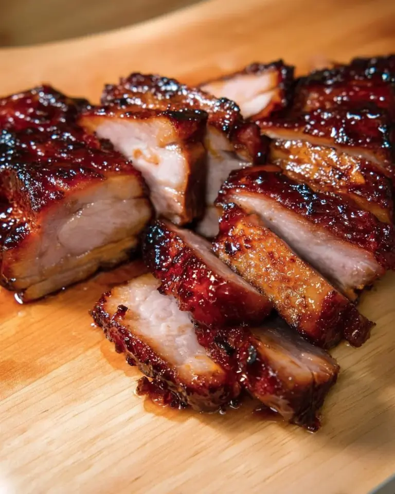 Delicious Char Siu crispy Chinese BBQ pork served with side vegetables