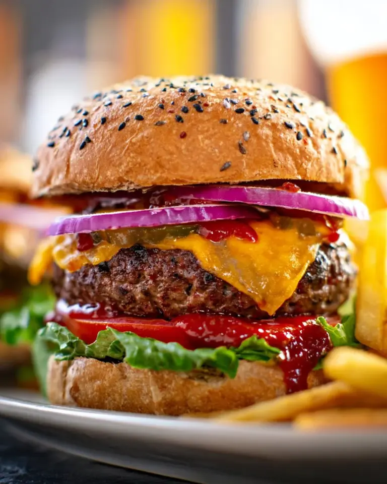 Delicious cheeseburgers with fresh ingredients and toppings